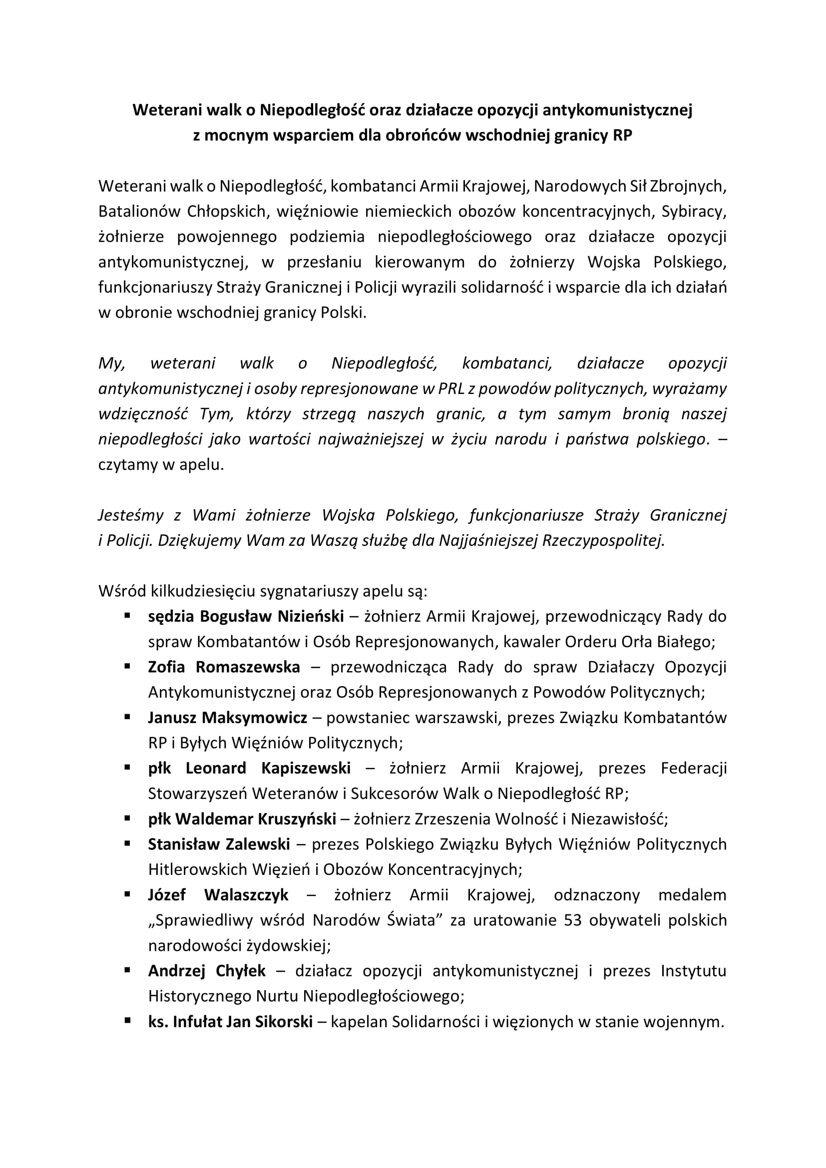 Apel weteranow walk o Niepodleglosc RP i dzialaczy opozycji antykomunistycznej 14.11